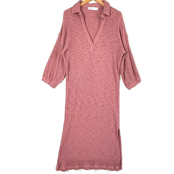 Free People FP Beach Collared Ribbed V Neck LS Maxi Sweater Dress Womens L Pink - Picture 1 of 8